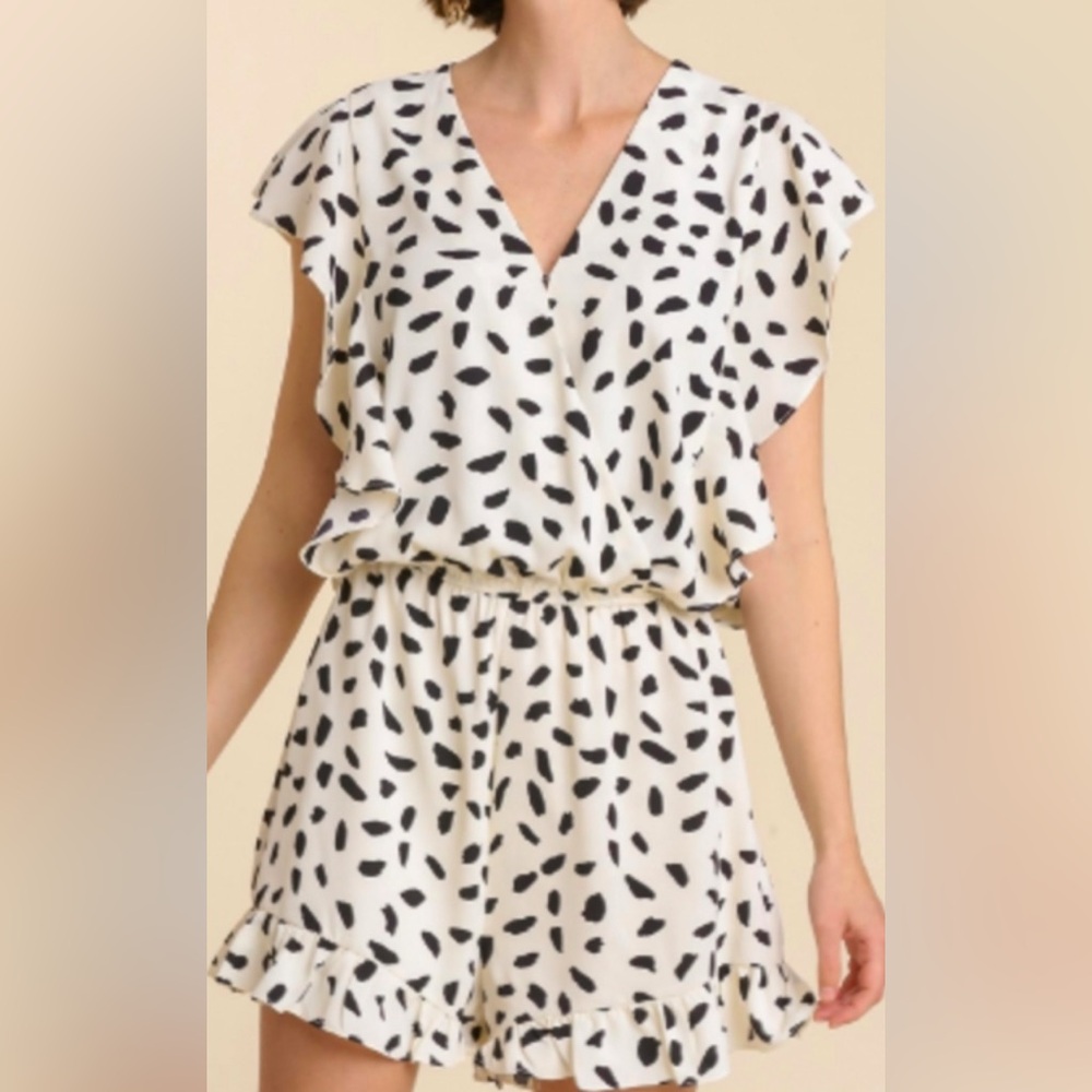 SHEIN size XL, tan with black Dalmatian spots, V-neck, ruffled sleeved romper.